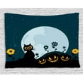 thumbnail image 1 of Halloween Decorations Tapestry, Cute Cat Moon on Floral Field with Starry Night Sky Star Cartoon Art, Wall Hanging for Bedroom Living Room Dorm Decor, 80W X 60L Inches, Blue Black, by Ambesonne, 1 of 2