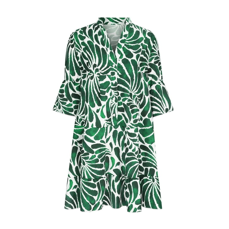 Up to 60% Off! pstuiky Summer Dresses , Women Summer Lapel Shirt Dress  Printed V-Neck Seven-Point Sleeve Dress Long Sleeve V-Neck Skirt Maxi Dress