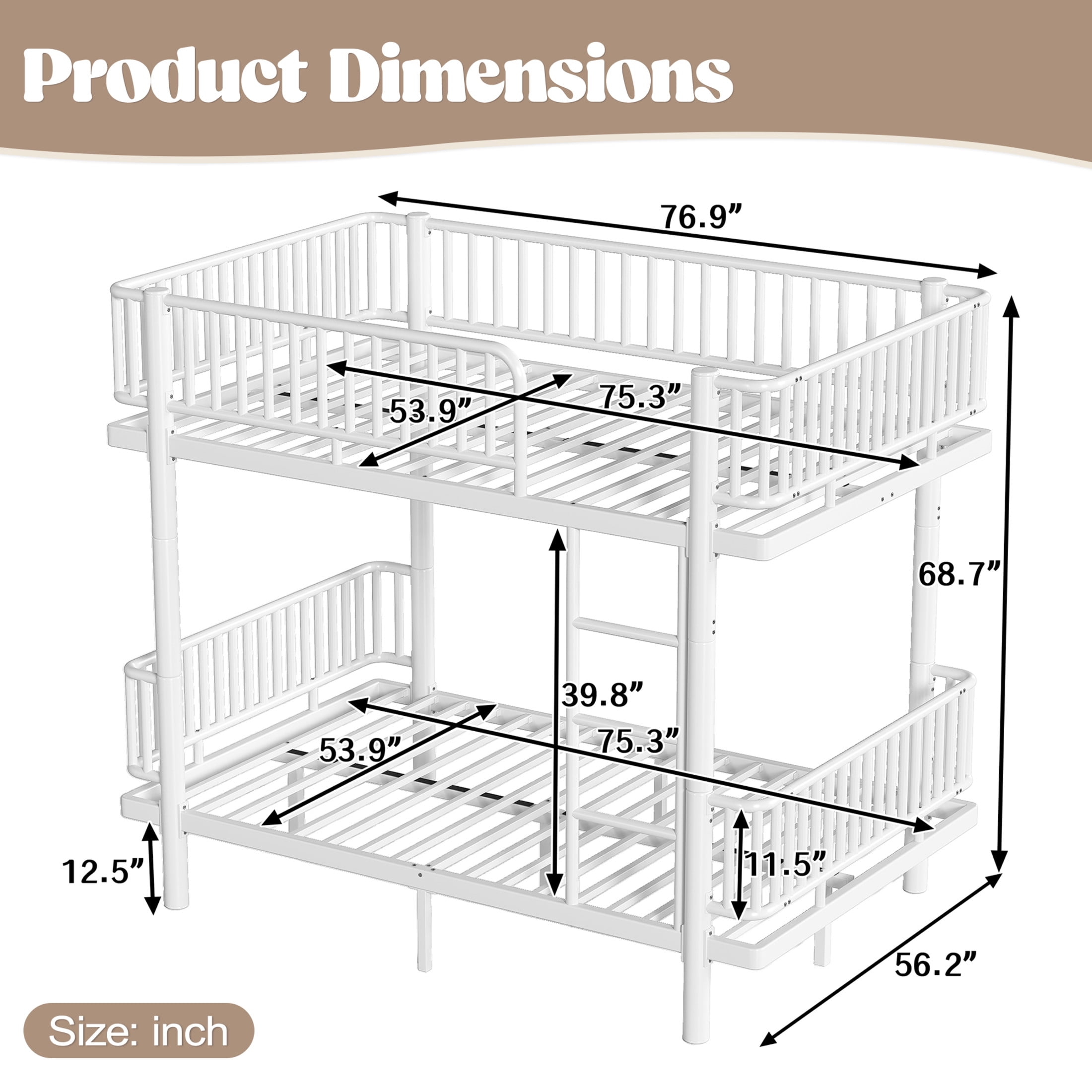 Noble House Full over Full Bunk Bed with Guardrails and Ladder, Can Separate into 2 Platform Beds, White