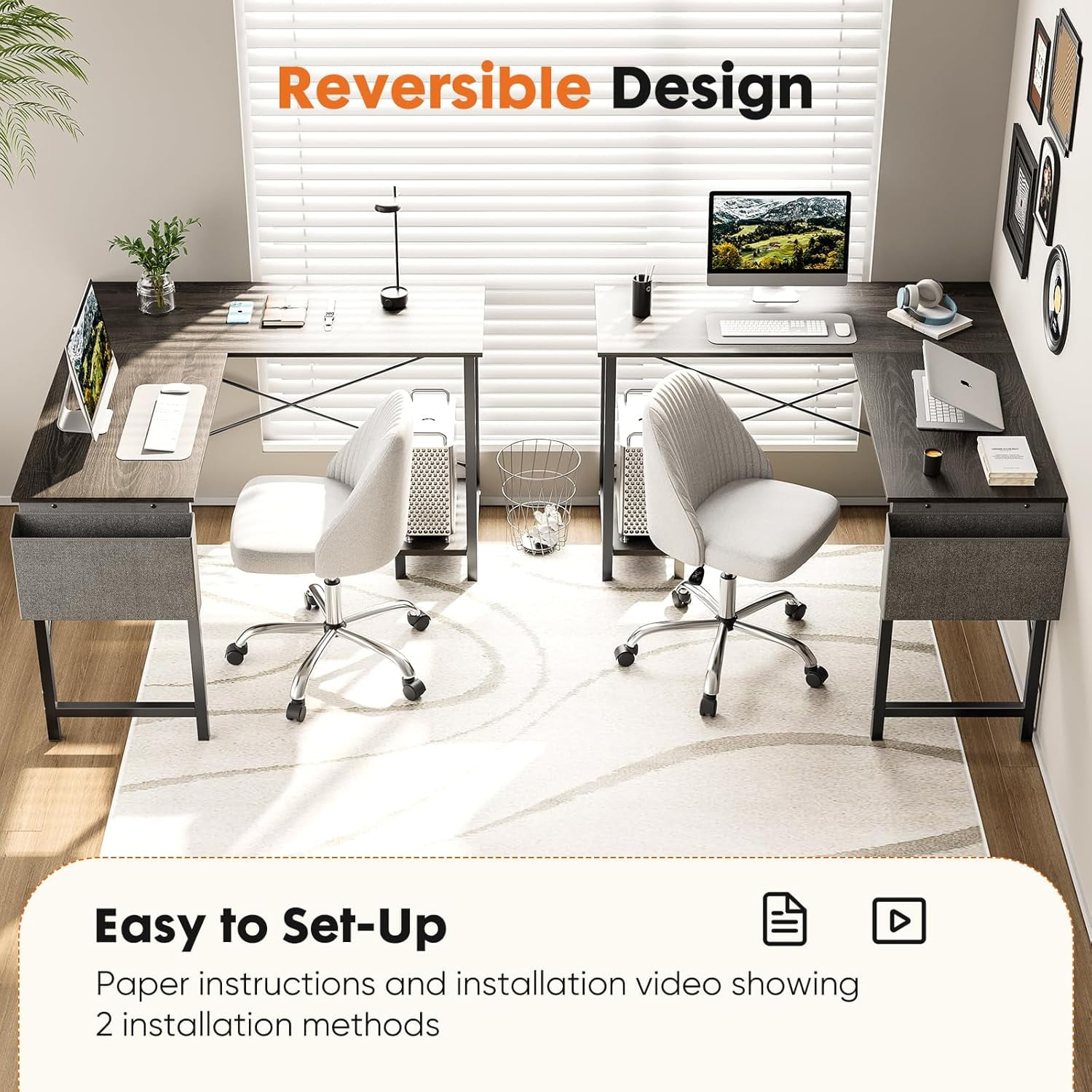Bigleap L Shaped Computer Desk - Gaming Table Corner Desk 50 Inch PC White Writing Desk Study Desks with Wooden Desktop CPU Stand Side Bag Reversible for Home Office Room Small Space, Gray