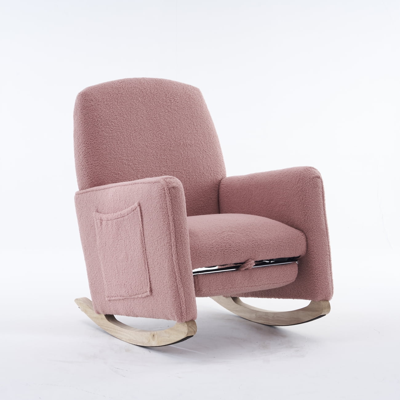 Teddy Fabric Nursery Rocking Chair With Adjustable Footrest, Upholstered Glider Armchair with Safe Solid Wood Base and Side Pocket for Living Room Bedroom (Pink)