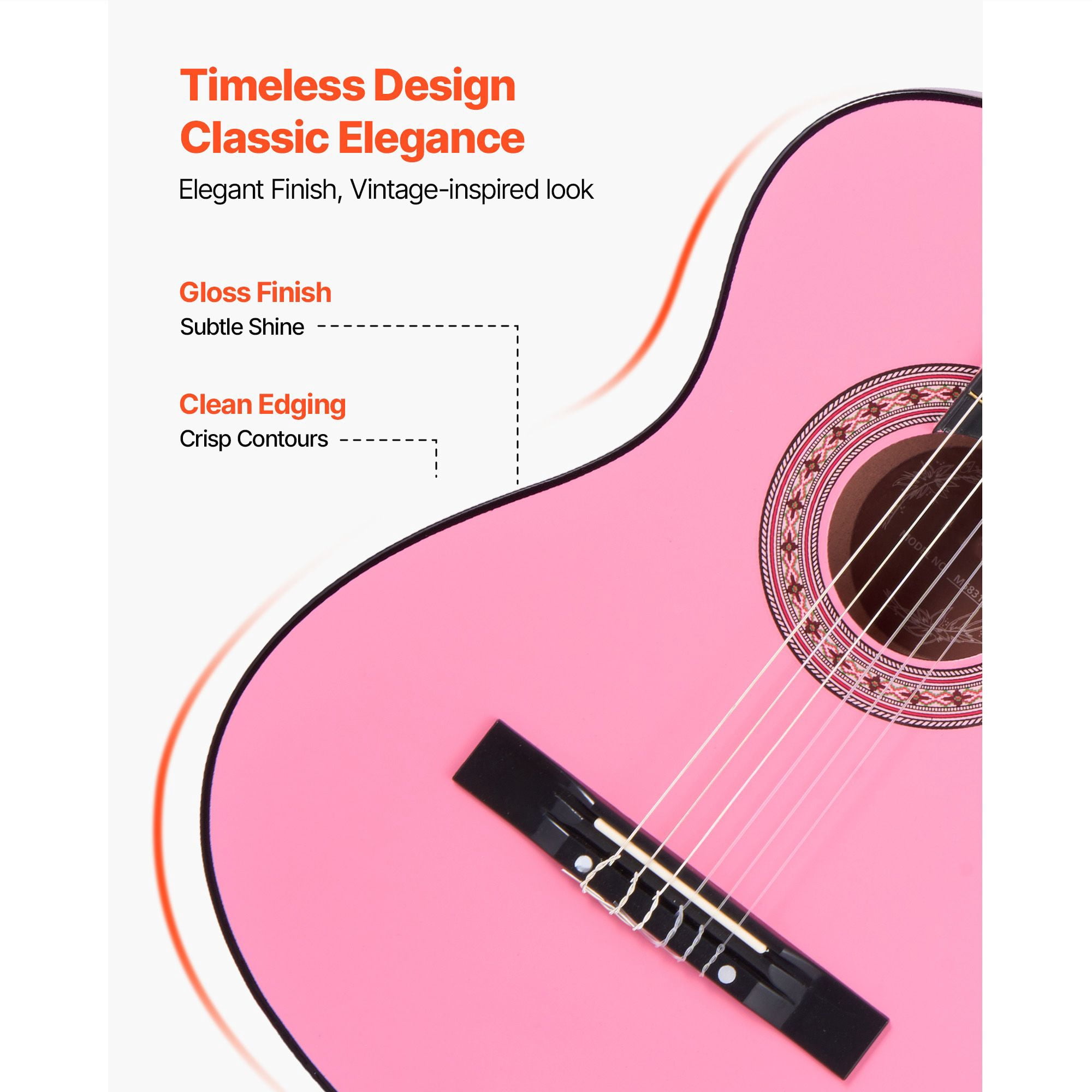 38" Classical Guitar Starter Kit for Beginners, Nylon Strings, Includes Gig Bag, Tuner, Capo, Strap & Picks, Basswood, for Teens Adults, Pink