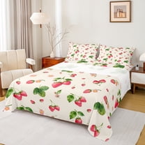 Homewish Cute Strawberry Full Size Sheets,Sweet Fruit Bed Sheets,Green Red Beige Sheet Sets For Girls Kids,Breathable Home Decor,4-Piece