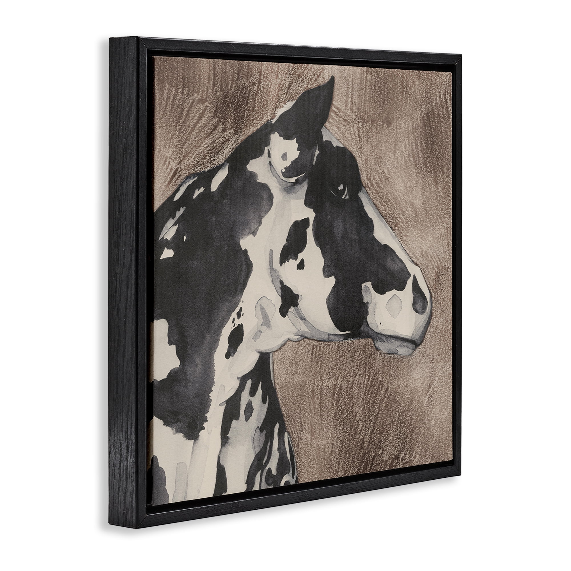 Stupell Industries Rustic Cow Looking Right Animals & Insects Painting Black Floater Framed Canvas Art Print Wall Art, 18 x 18