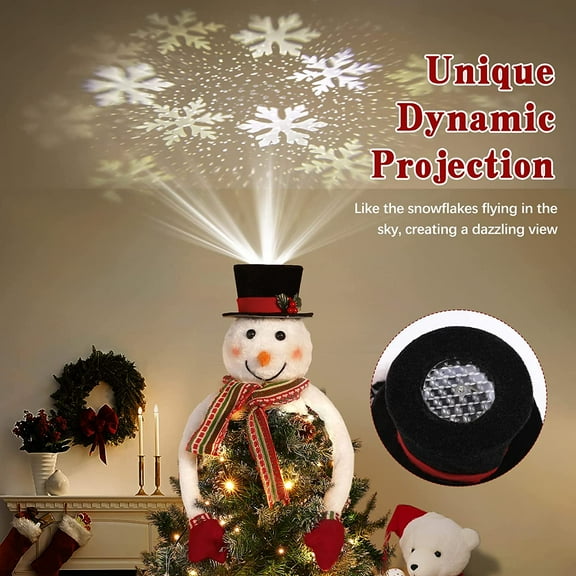 Tree Topper Hat Projector | Snowman Hat with Snowflake Projection | Decorative  Hat for Xmas Tree - White
