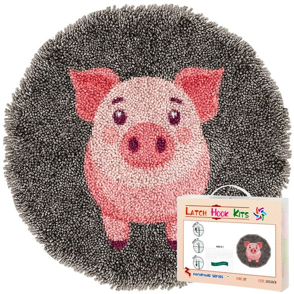 Latch Hook Rug Kit A Cute Cartoon Pig Stamped Handmade Round Shape Carpet Crochet Yarn Craft DIY Hook and Latch Door Mat Tapestry for Home Floor Decor 50x50cm(3)