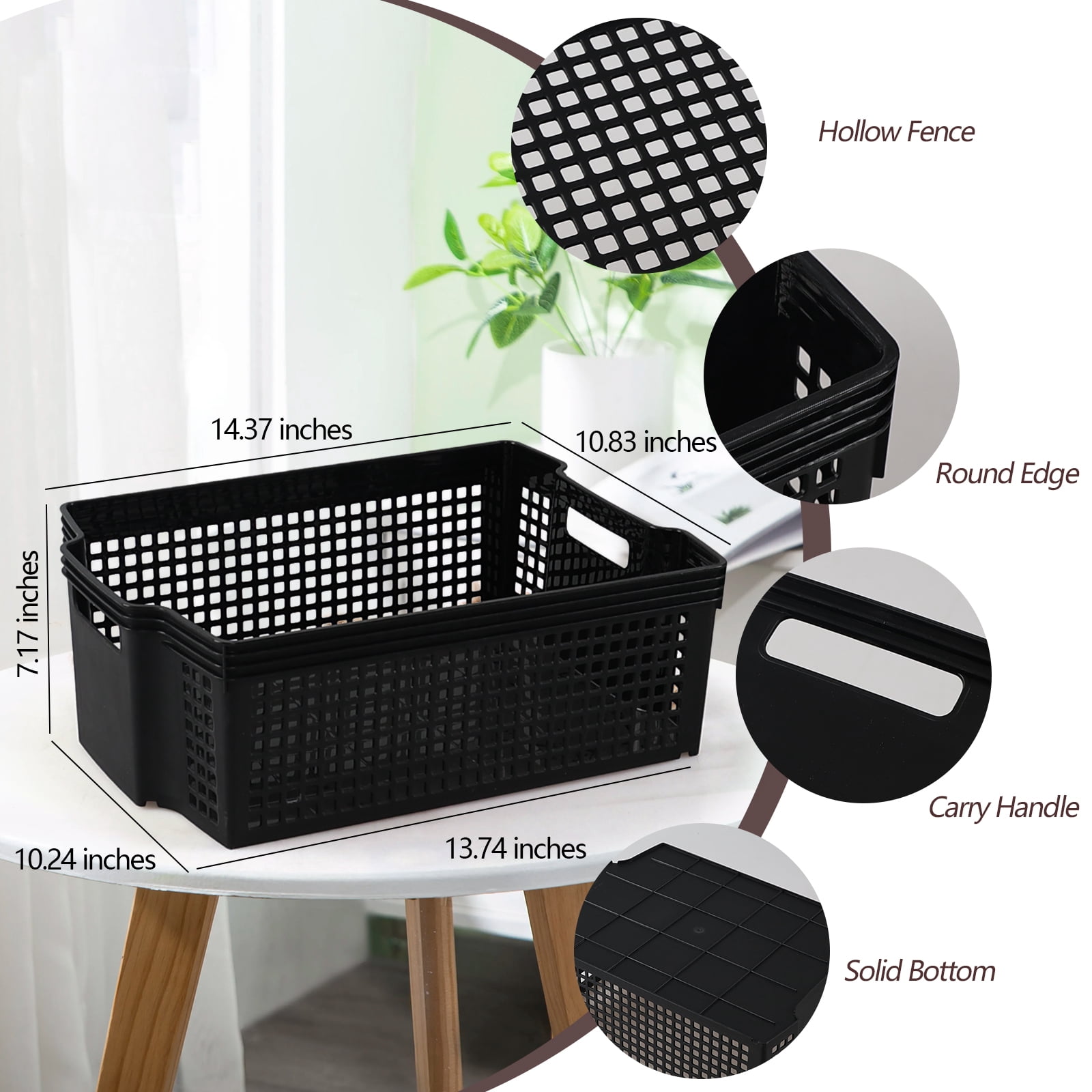 Fabnati Black Large Shelf Storage Basket, 6 Pack Stackable Plastic Organizing Basket Bin