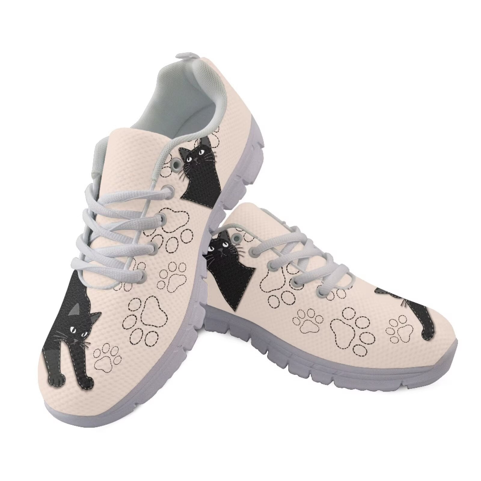 COEQINE Girls Sneakers Lace Up White Sole Cute Women Running Shoes for Travel Outdoor Comfortable Training Athletic Sport Shoes, Cute Black Cat Paw