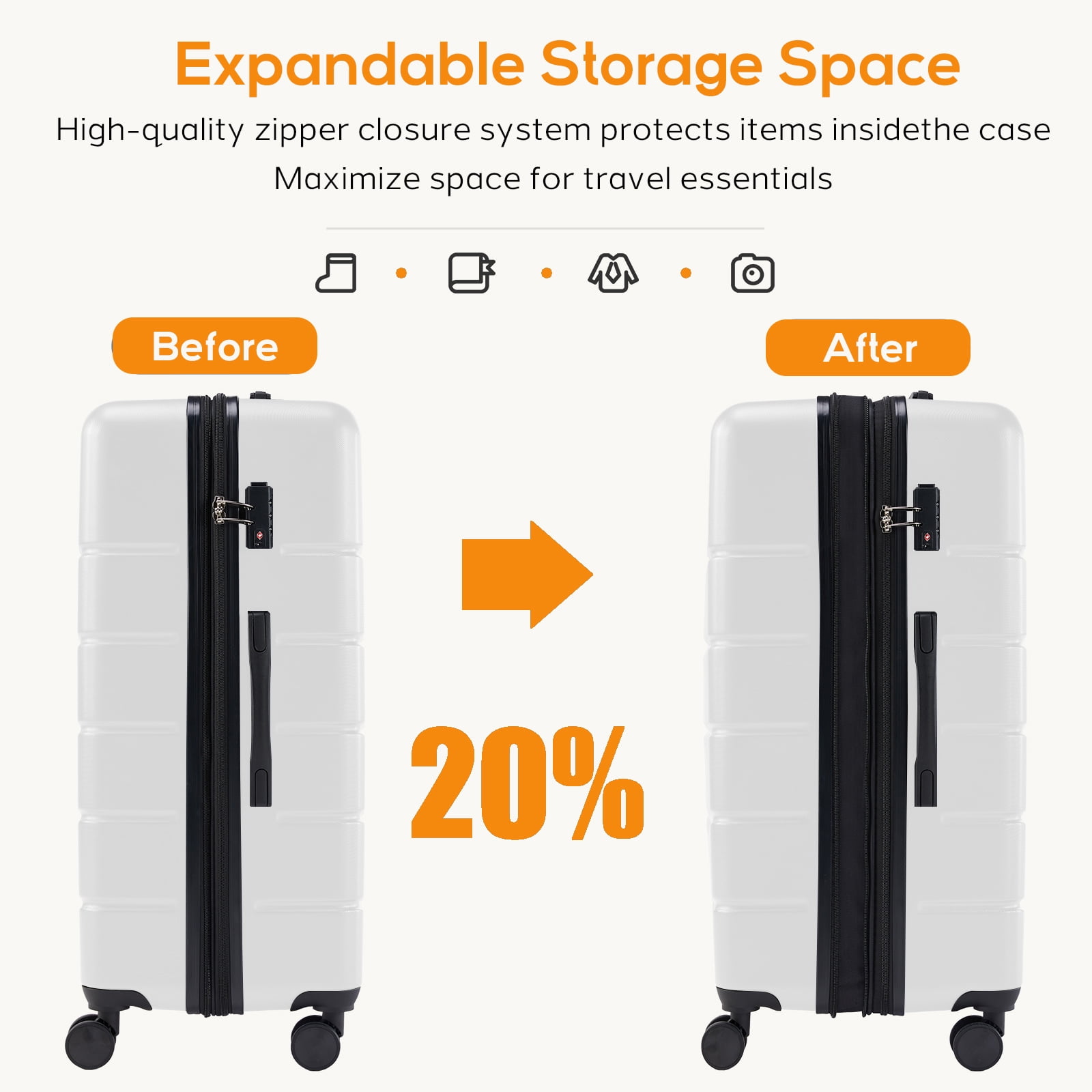 Aidoly 24 inch Lightweight Expandable Spinner Luggage with TSA Lock for Adult Teen, White
