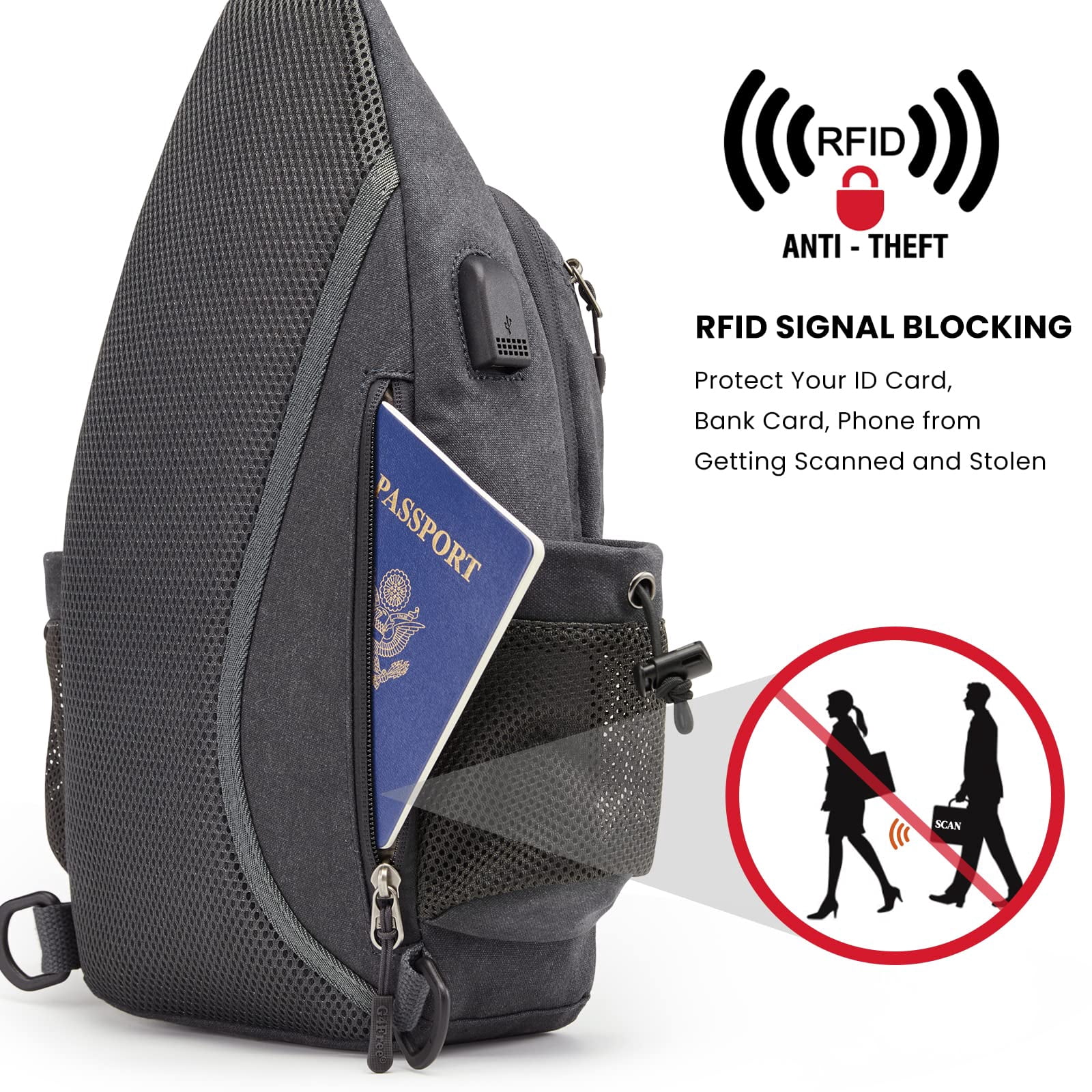 G4Free Canvas Sling Bag Crossbody Backpack with USB Charging Port & RFID Blocking, Hiking Daypack Chest Bag for Women Men