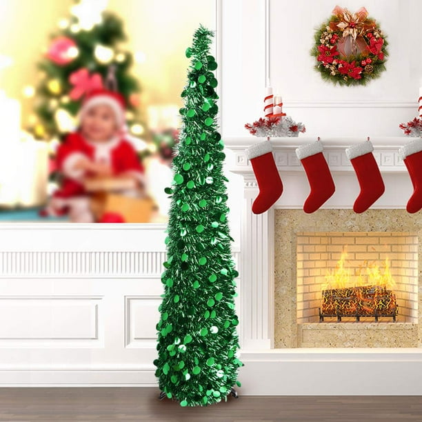 Pop Up Christmas Tinsel Tree with Lights Collapsible Colorful Sequin