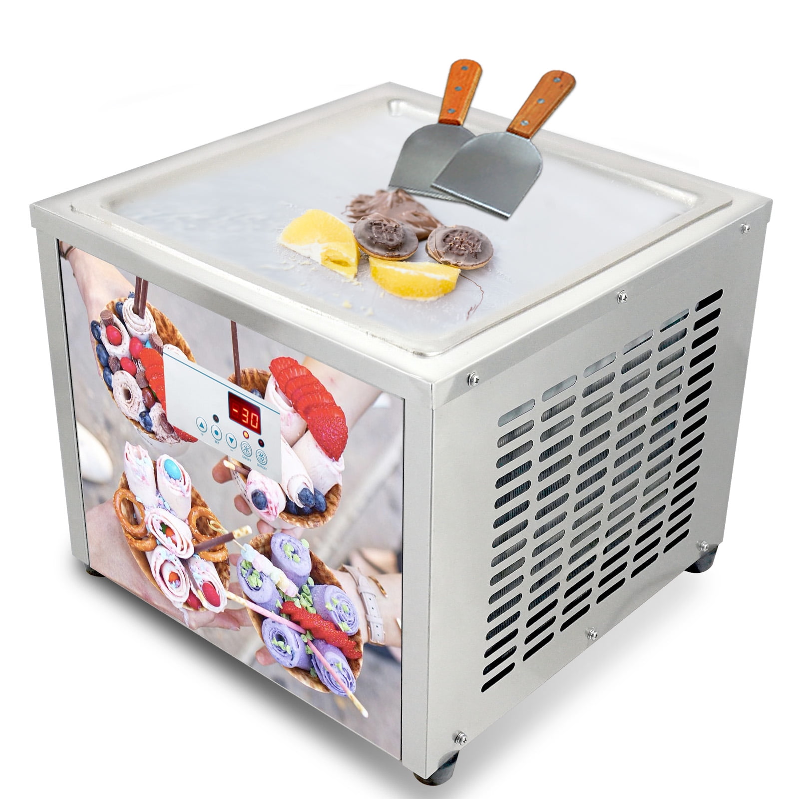 VEVOR Commercial Rolled Ice Cream Machine, 1800W Stir-Fried Ice Roll Machine  Double Pans, Stainless Steel Ice Cream Roll Machine w/ 17.7 Round Pan,  Yogurt Cream Machine for Bars Cafés Dessert Shops