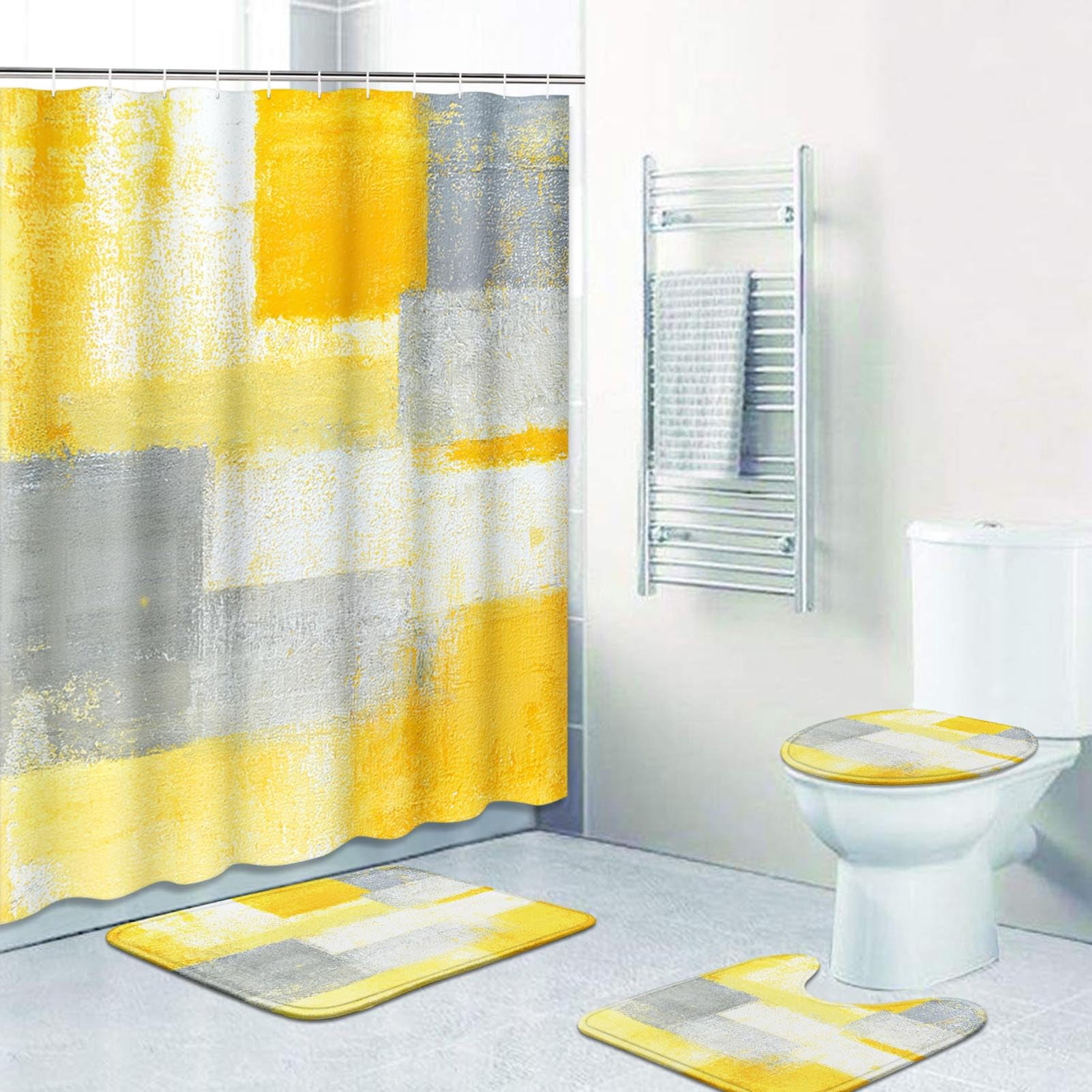 4 Pcs Shower Curtain Set Yellow Grey Abstract Painting Gray Vintage Retro with Non-Slip Rugs Toilet Lid Cover and Bath Mat Bathroom Decor Set