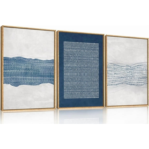 Abstract Navy Blue and White Framed Canvas Wall Art,Minimalist Boho Waves Lines Wall Decor,Modern Mid Century Artwork,Neutral Geometric Art Print for Living Room,Bedroom,Office-16 x24 x3