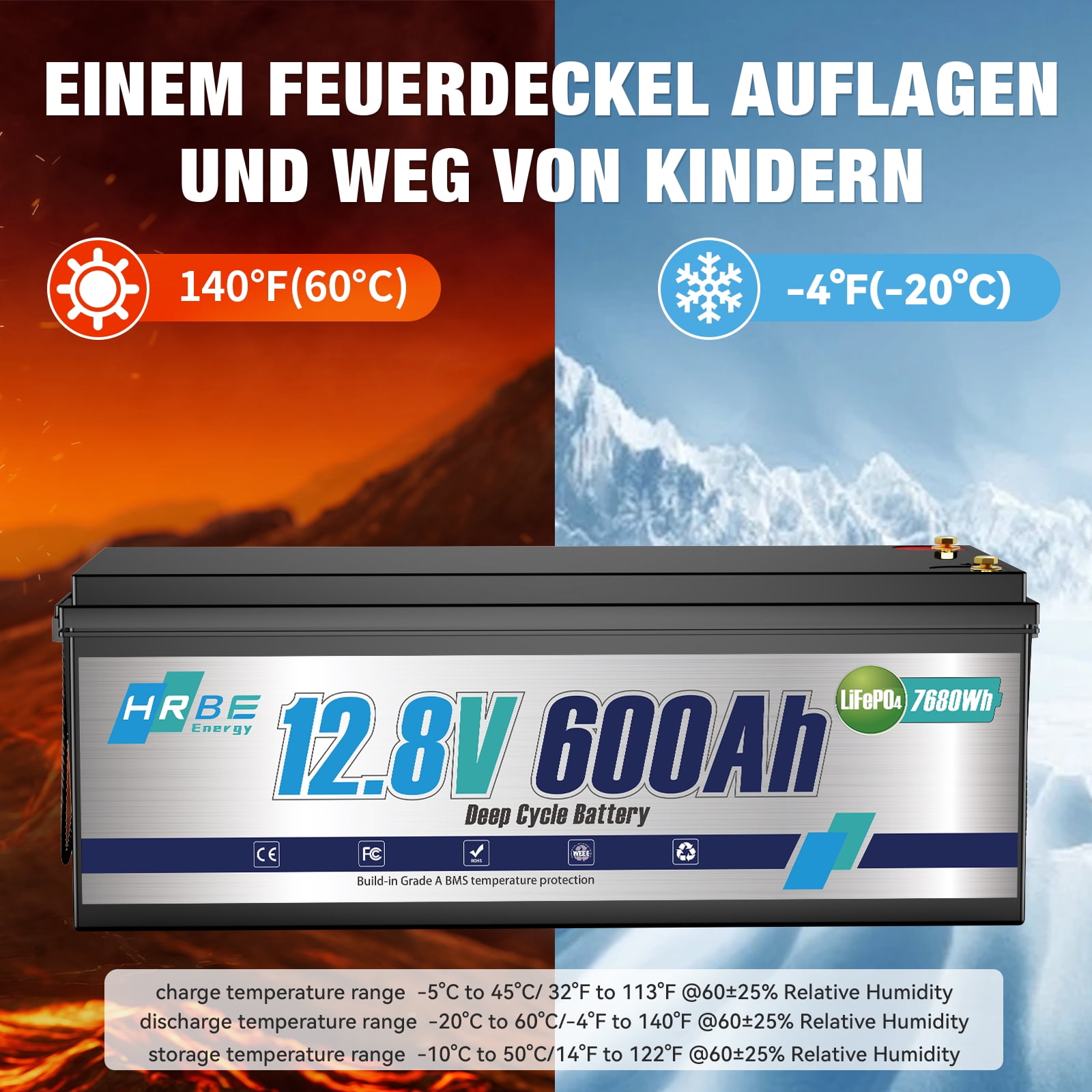 12V 600Ah LiFePO4 Lithium Battery,for RV,Solar System,Home Energy Storage,Marine,HRBEENERGY 200A BMS