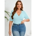 thumbnail image 3 of SHOWMALL Women's Plus Tops Henley Elbow Sleeve Top Casual Ribbed Curved Shirts Sky Blue 5X Knit Fitted Effortless Style Top, 3 of 7