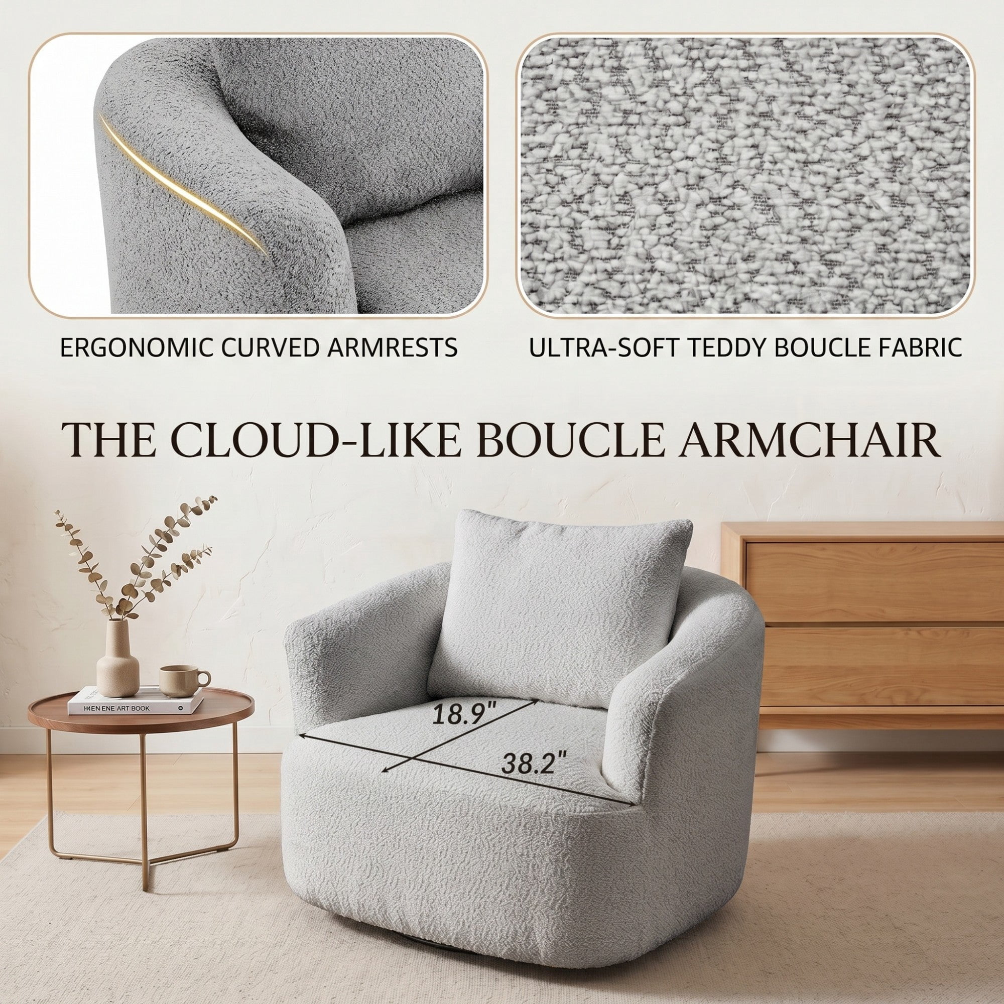 Sailvan 38.2" Swivel Accent Chair, Boucle Upholstered 360 Degree Barrel Sofa with Pillow for Living Room Light Grey