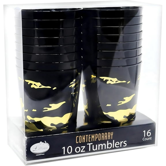 Lillian Collection Luxurious Marble Gold on Black Tumbler - 10 oz. (Set of 16) - Reusable & Perfect for Events