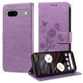 thumbnail image 2 of Designed for Google Pixel 7A Case Wallet,Women Flip Folio Cover with Butterfly & Flower Embossed PU Leather Stand Credit Card Holders Slots Wrist Strap Shockproof Phone Case,Purple, 2 of 11