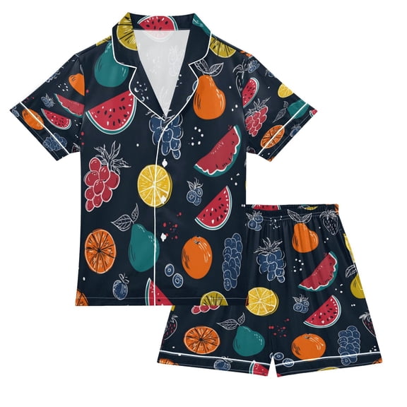 Silky Satin Kids' Pajama Set Breathable & Smooth Unisex Button-Down Pajamas Cartoon Variety Of Fruits