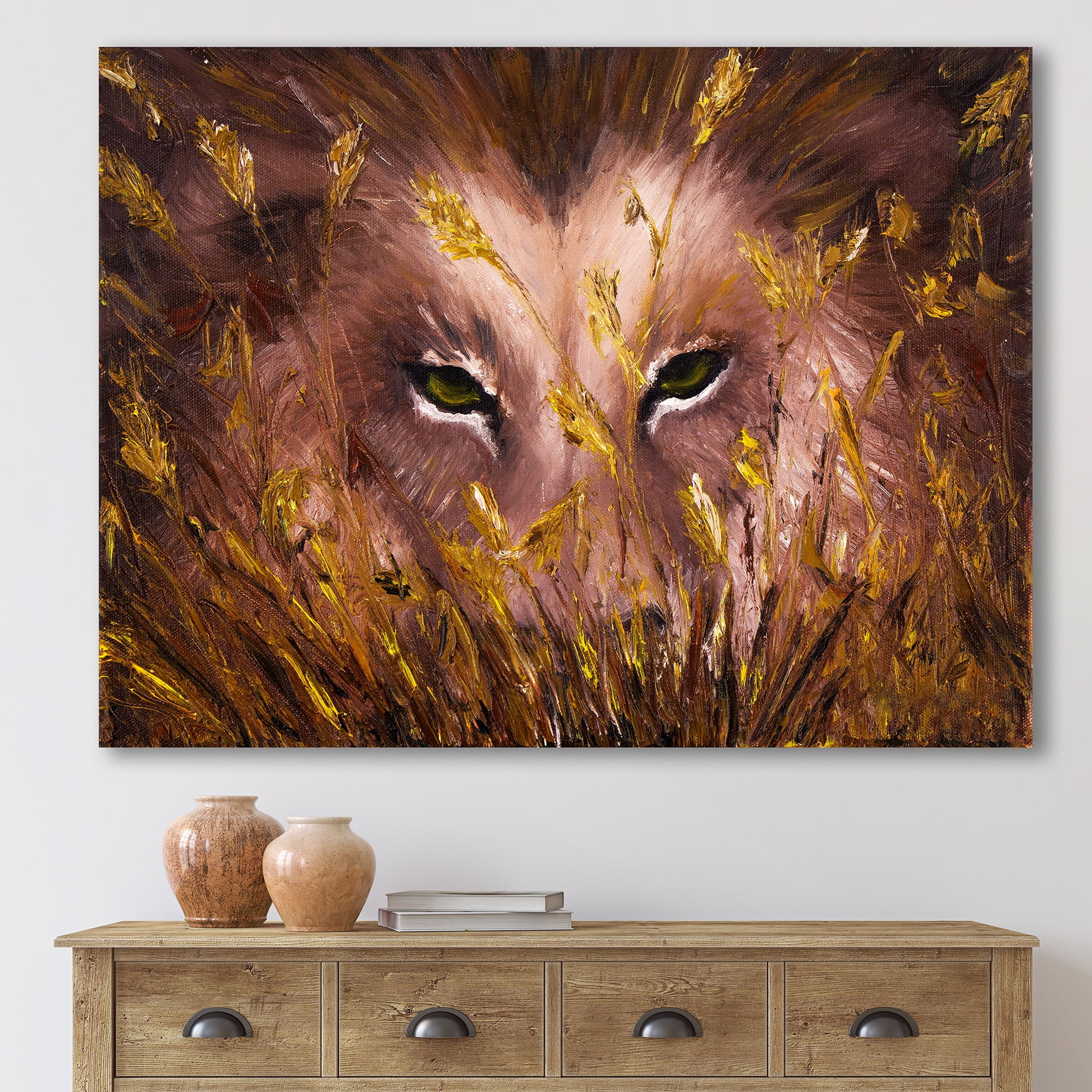Designart ' Close Up Of Wolf Eyes In The Grass ' Farmhouse Canvas Wall Art Print