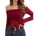 thumbnail image 3 of Women Lace Trim Off Shouder Top Long Sleeve Double Lined Y2k Trendy T Shirts Wine Red XXL, 3 of 7