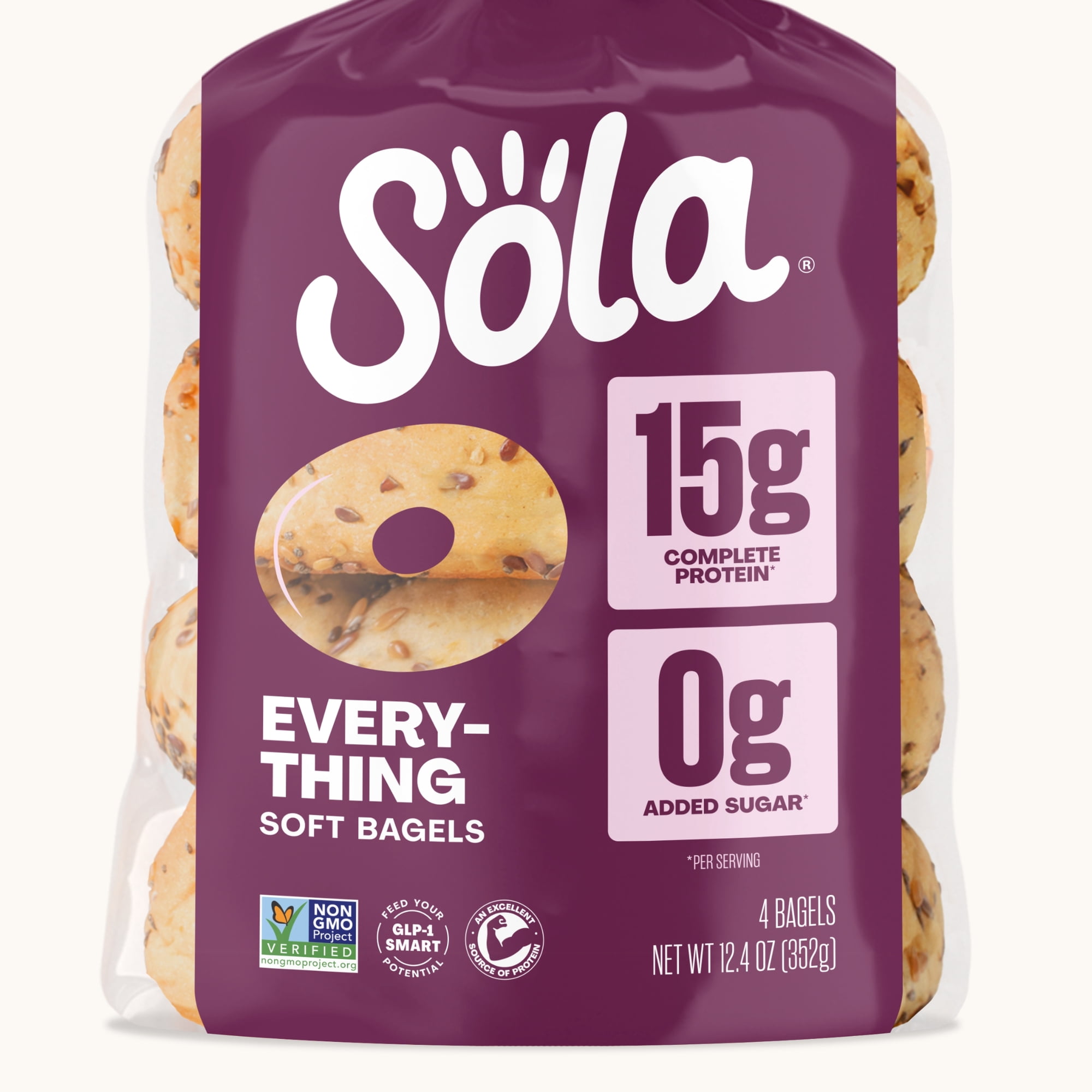 Sola Everything Protein Bagels, 15g Complete Protein, 12.4oz, 4 Count