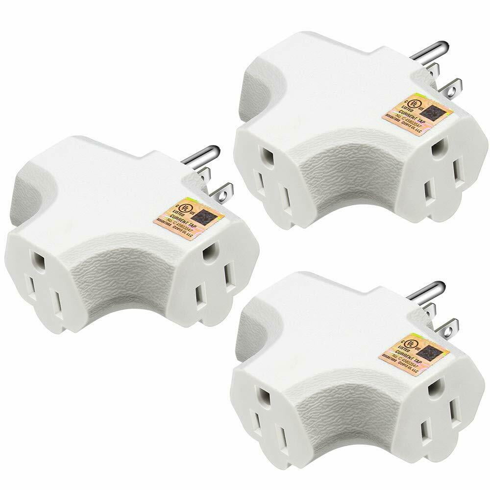 3-Grounded Outlet Adapter, T-shaped Heavy-Duty Grounded Tap; UL Listed - 3 Pack (White) -