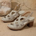 thumbnail image 5 of Women's Heeled Sandals Open Toe Chunky Heels Adjustable Ankle Strap Hollow out Soft Leather Dress Shoes Ladies Summer Casual Footwear Beige Size 8, 5 of 6