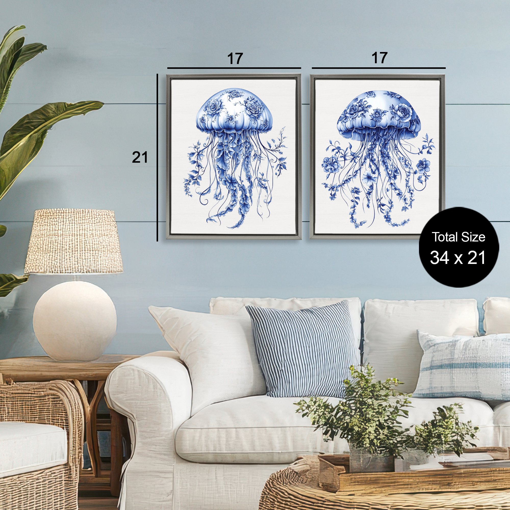 Funky Florals Toile Jellyfish 2 Piece Gray Framed Floater Canvas Set, design by Lettered and Lined