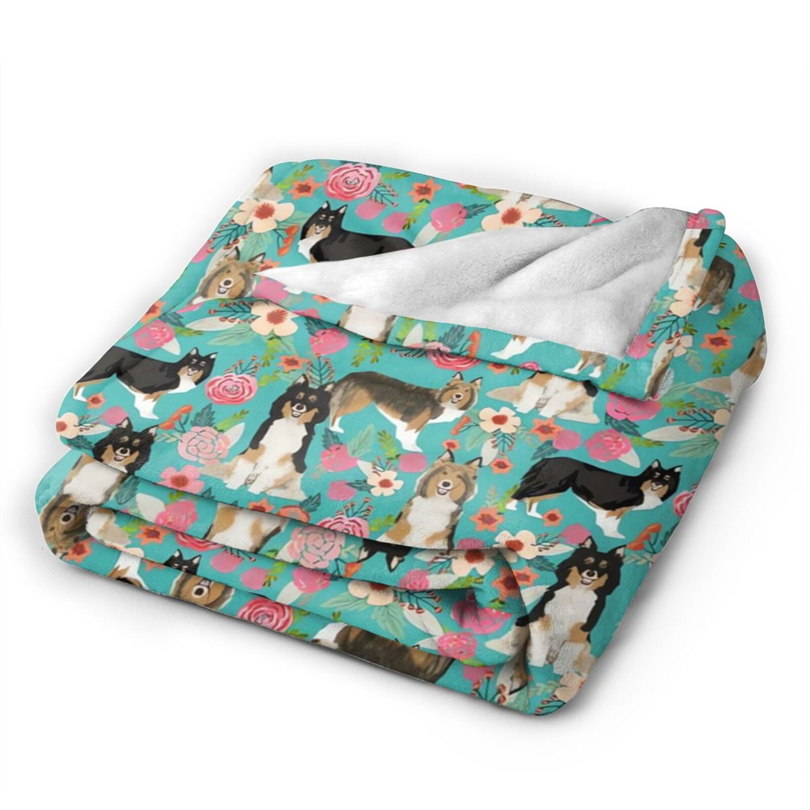 Wijzvio Sheltie Dog Green Flower Floral Throw Blanket Soft Fuzzy Fleece Blanket For Couch Bed Living Room Decoration 50"X40"