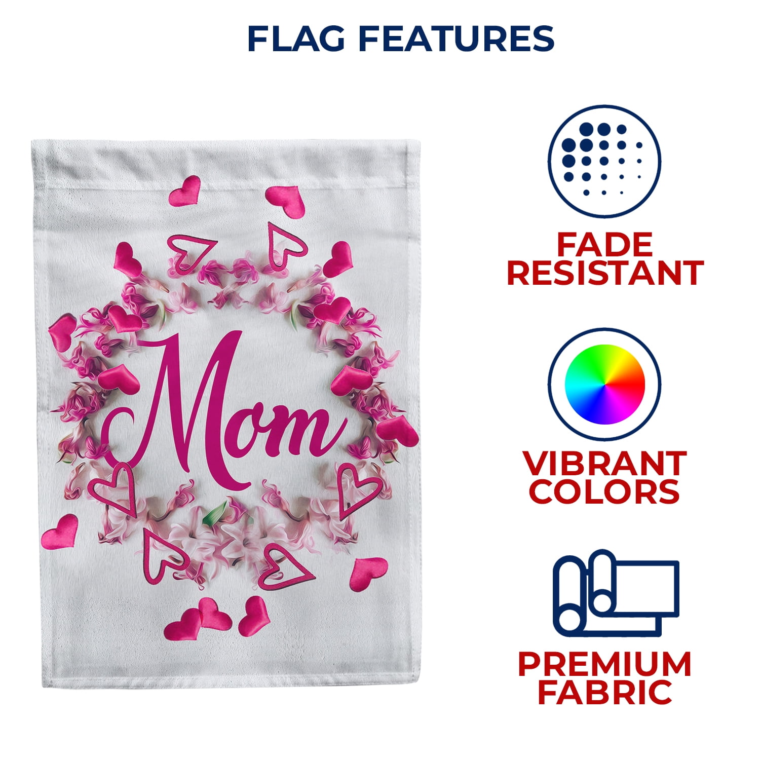 America Forever Happy Mother's Day Floral House Flag 28 x 40 inches Hearts Double Sided Holiday Seasonal Yard Outdoor Decorative Pink Flower Wreath Love You Mom Flag