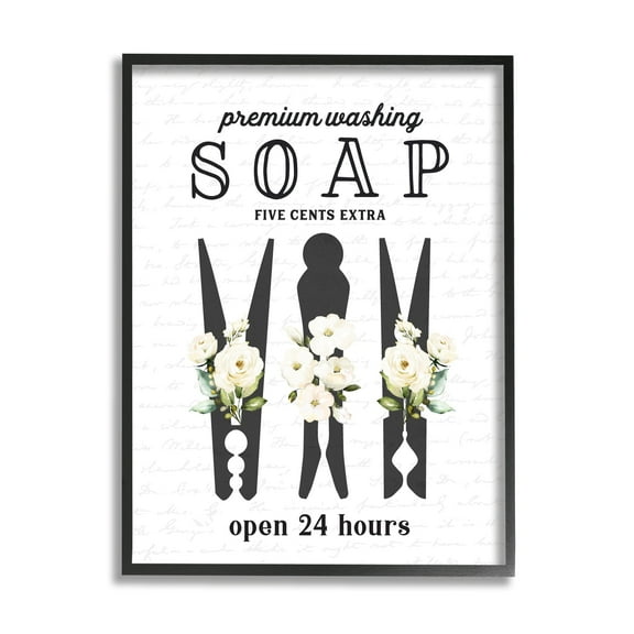 Stupell Industries Floral Clothespin Silhouettes Laundry Room Script Sign Graphic Art Black Framed Art Print Wall Art, Design by Lettered and Lined