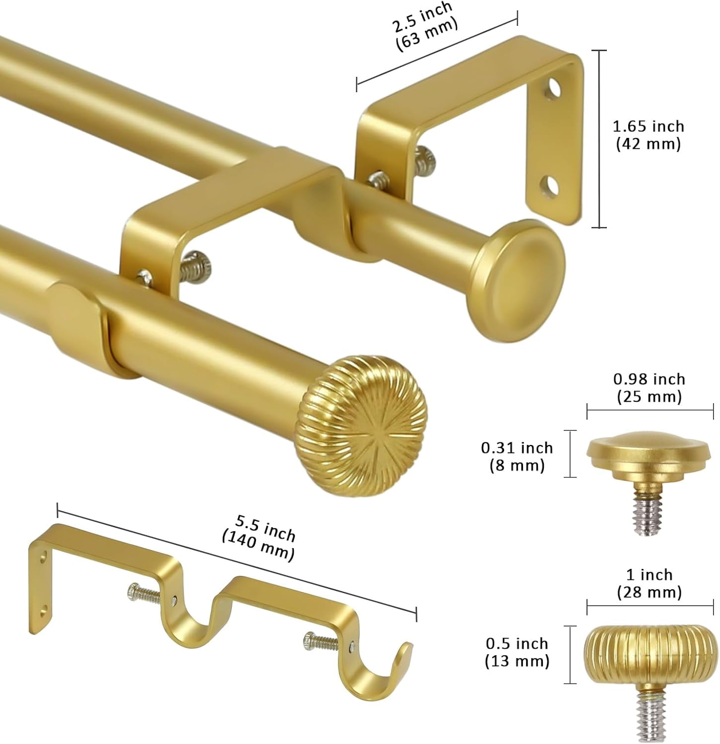 eTeckram 5/8" Double Curtain Rod with Adette Finials,Gold,48‘’-84‘’