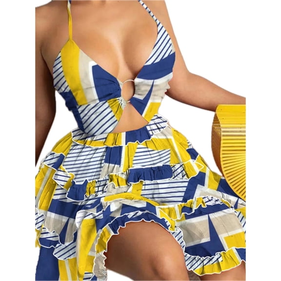 Women's Halter Neck Cutout Cami Dress with Ruffled Tiered Fit in 100% Polyester for Plus Size Versatile Easy Care