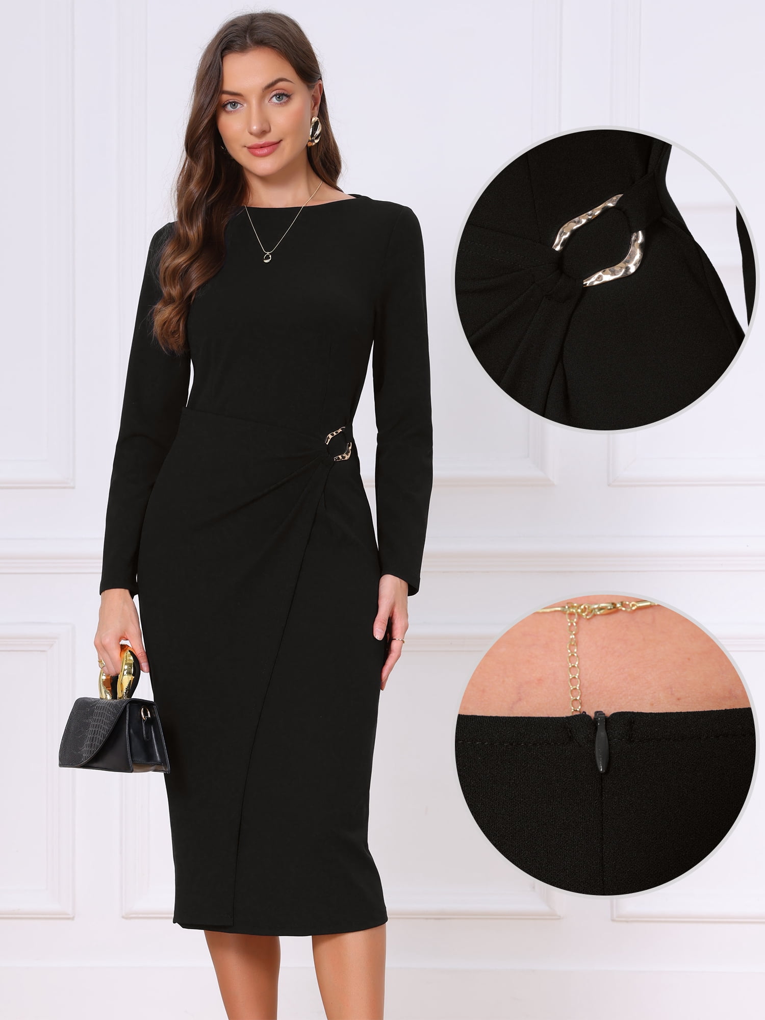 DARING DIVA Women's Long Sleeve Wrap Work Midi Business and Occasions Dress M Black