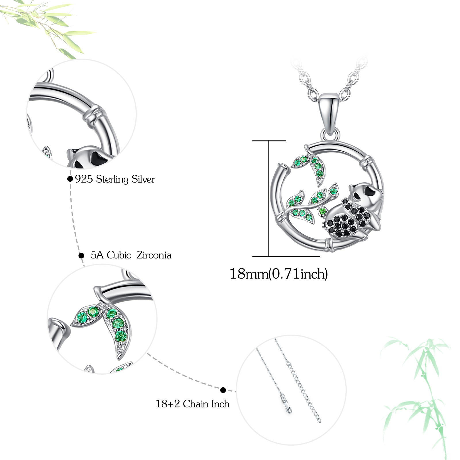 CUOKA MIRACLE Bamboo Green Leaf Pandas Necklace Cubic Zirconia 925 Sterling Silver Necklace Jewelry Birthday Mother's Day Gift for Women Girlfriend Daughter Wife Mom Friend