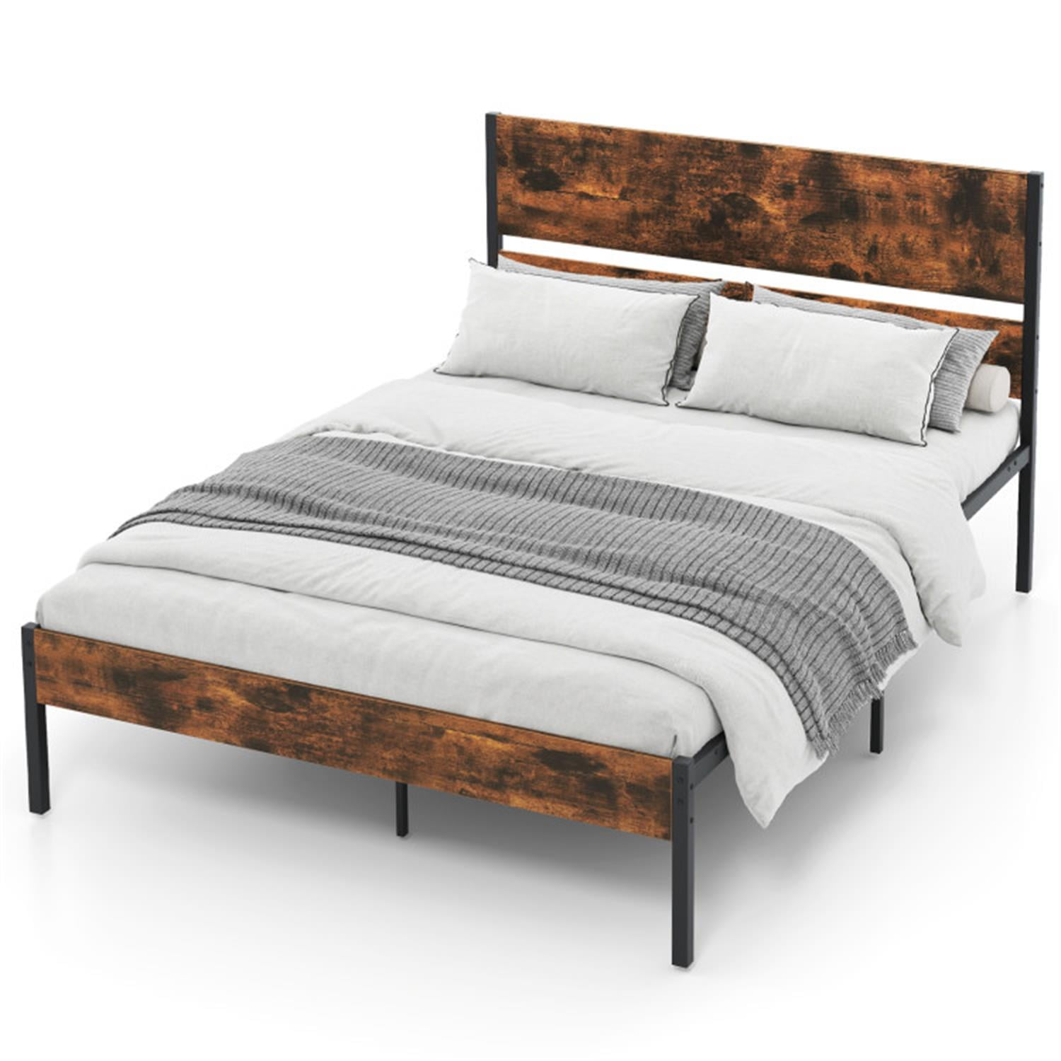 Demi Bonn Full Size Bed Frame with Wooden Headboard and Footboard, Modern Metal Platform Bed Frame with Under Bed Storage, No Box Spring Needed, Brown