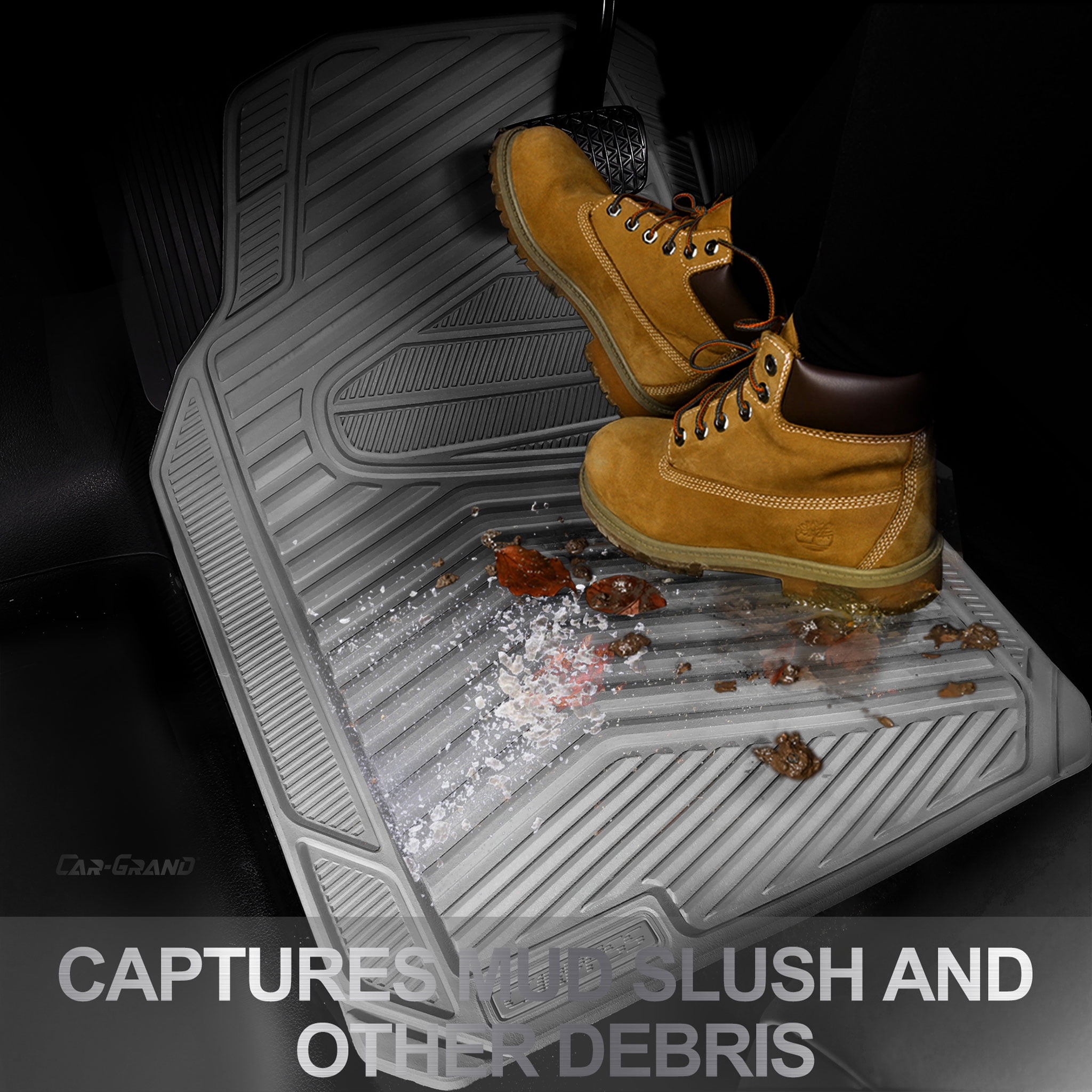 CAR GRAND Rubber Car Floor Mats, All Season All Weather Waterproof Automotive Mats Full Set 4 Pieces, Trim to Fit for Cars Sedans SUVs Trucks, Anti-Slip Easy Clean, All Gray