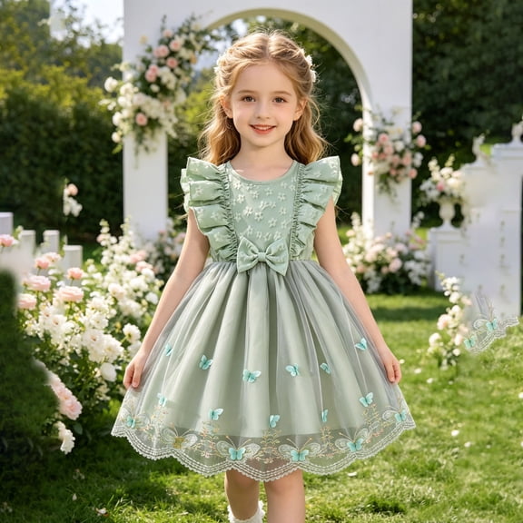 HAYIMI Child Summer Girls Dress With Mesh Floral Lace Trim Sleeveless Party Style For Warm Weather O-Neck Holiday Dresses