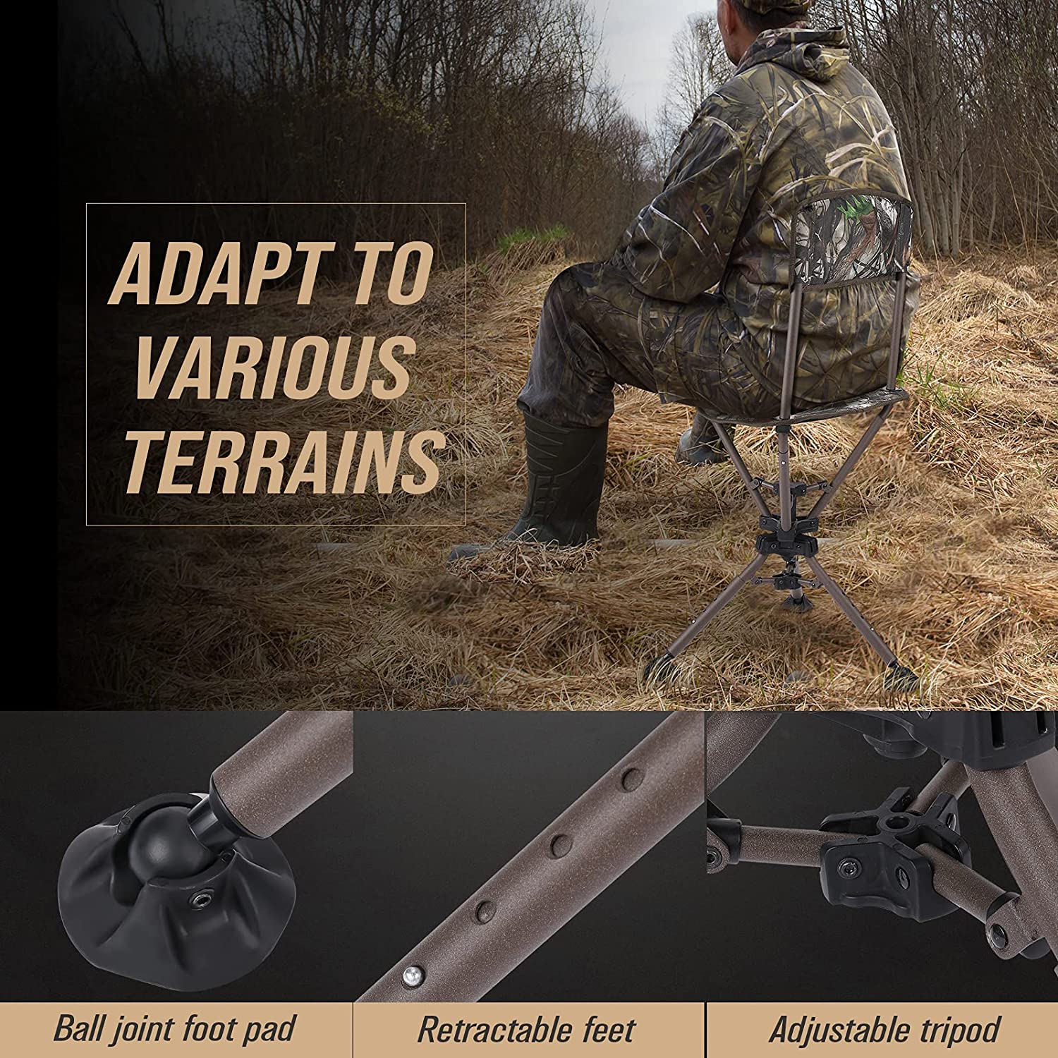 KEMIMOTO 360° Camo Tripod Swivel Hunting Chair w/ Backrest Blind Chair Height Adjustable Fishing Camping Stool Chair for Outdoor