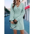 thumbnail image 5 of Women'S V Neck Scale Pattern Knit A Line Long Sleeve Dress Sweater Dress Light Blue Green S, 5 of 10