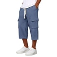 thumbnail image 2 of Nestiefly Mens Shorts Cargo Relaxed Fit Waffle Below Knee Drawstring Capri Pants Elastic Waist Work Baggy Summer Lounge Wear Navy M, 2 of 7