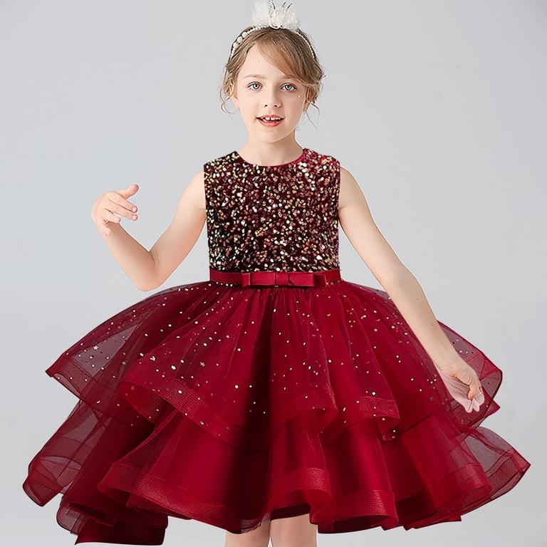 MHZLDYZ Youth Dresses Big Girls Party Dress Sequins Puffy Yarn Trailing  Dress Wedding Gowns Dresses Piano Performance Dresses(Red,110) - Walmart.com