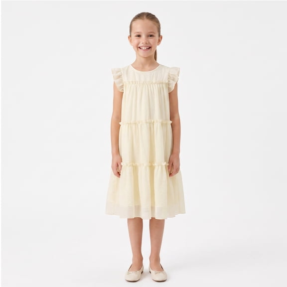 NIPAXO Girls Dress Summer Flutter Sleeve Crewneck Fully Lined Tiered Ruffle Flowy Boho Casual Dress for Kids