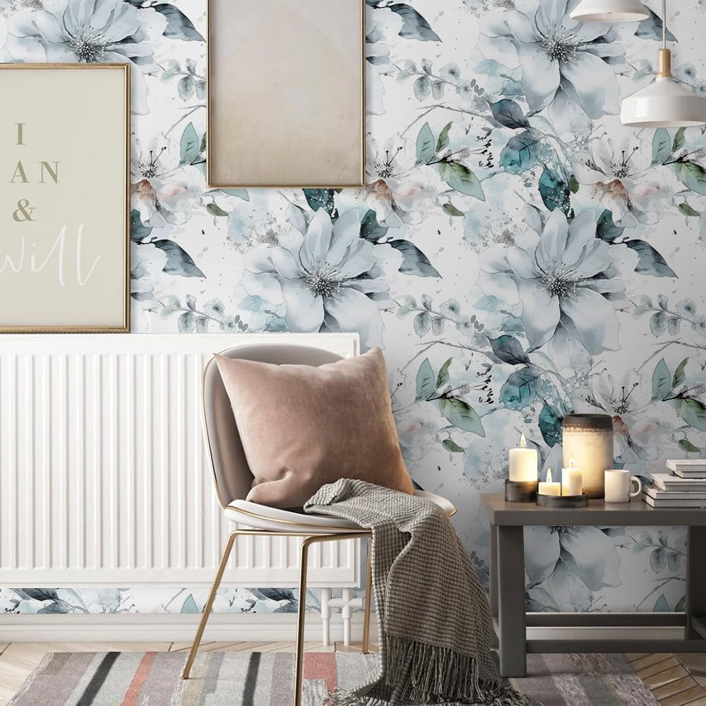 Ice Blue White Large Hyacinth Floral Green Leaf Peel and Stick Wallpaper Wall Decor Self Adhesive Wall Paper Stick on Easy Peel Off Contact for Renter Apartment