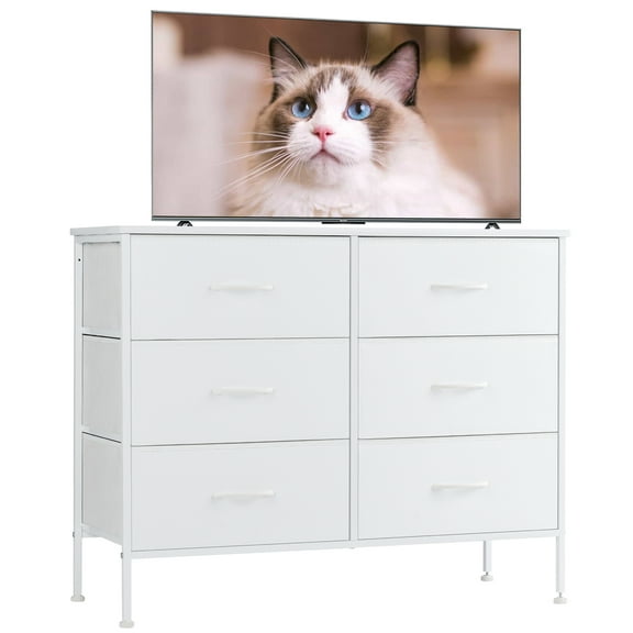 MCQ 6-Drawer Fabric Dresser, TV Cabinet Sideboard, Storage Organizer Cabinet for Living Room, Bedroom, Office,White