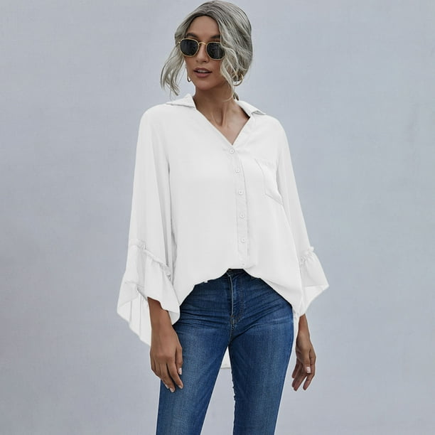 Blusa de mujer, cuello en V con botones en la parte delantera, casual, suelta, t煤nica, tops Irfora Blanco/Medio