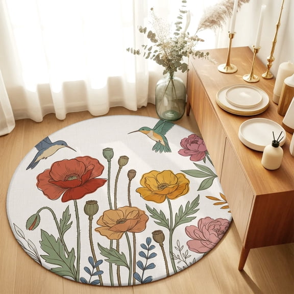 Round Rugs 6Ft, Spring Floral Round Area Rug Washable Indoor Throw Carpet, Elegant Pastoral Flowers Birds Rustic Soft Non Slip Circle Rug for Office Cabinet Home Decor Aesthetic