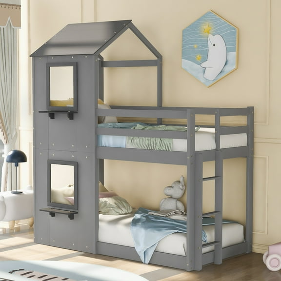 Gray Twin Over Twin Wood Bunk Bed with Roof, Window, Guardrail, Ladder